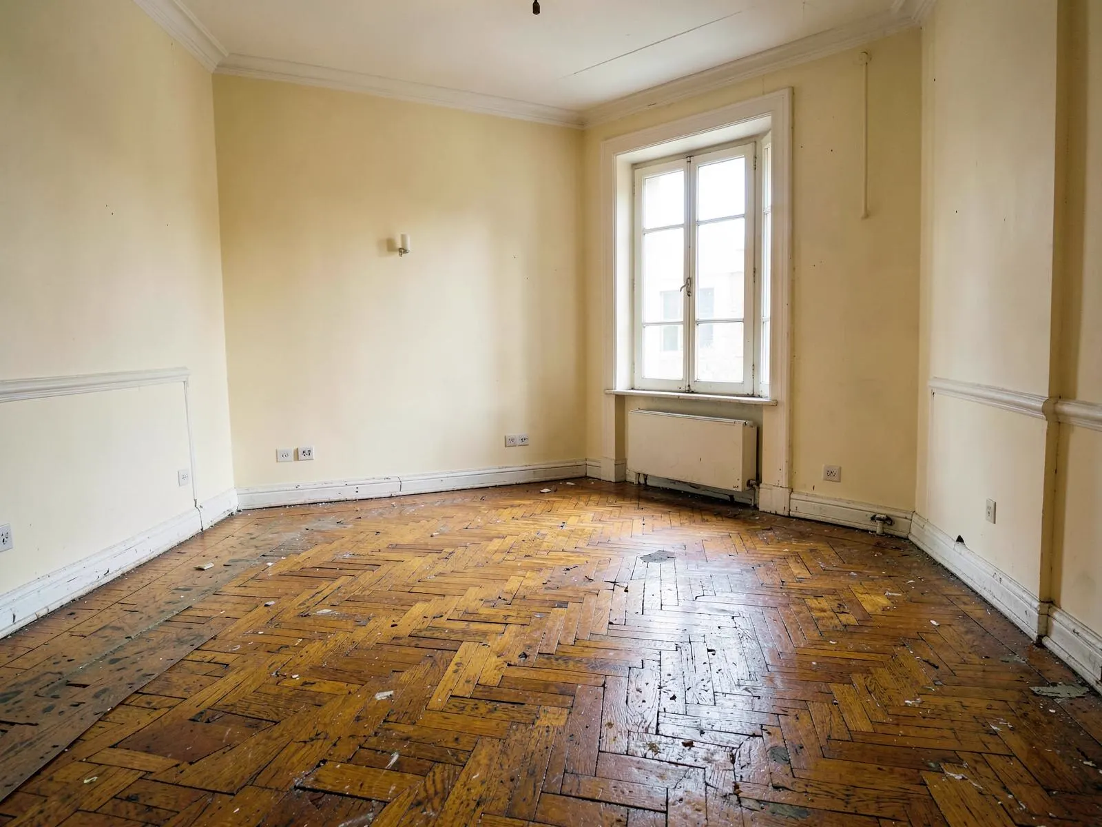 Stará zažltnutá parketová podlaha v izbe pred plánovanou obnovou